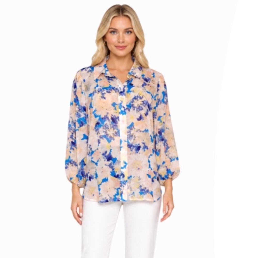 Sanctuary Lily Pond Watercolor Semi Sheer Crepe Button Down Top Small